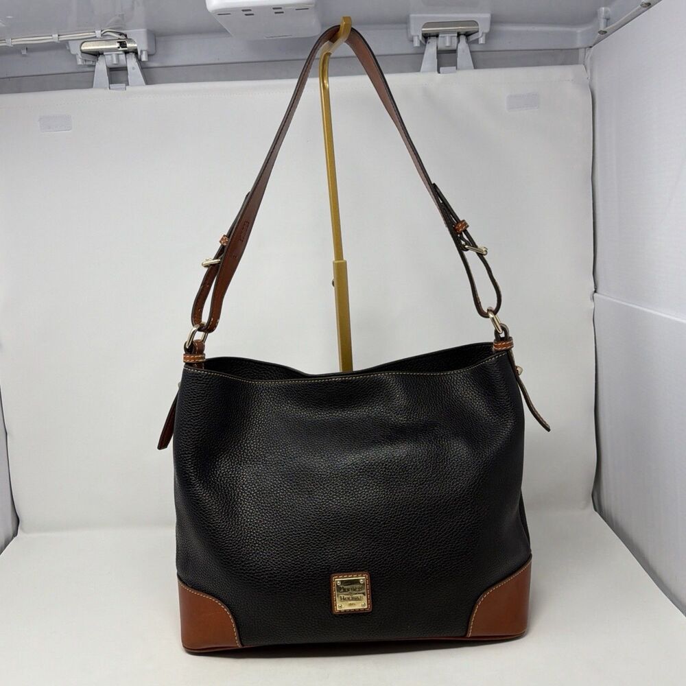 Dooney & Bourke Black Pebbled Leather Brown Trim Large Hobo Shoulder Bag